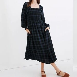Popular Madewell Black Plaid Long-Sleeve Midi Dress with Square Neck
